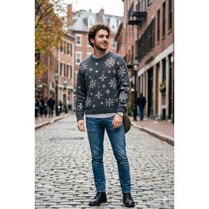 J. Crew size large 100% wool gray and cream snowflake crewneck sweater